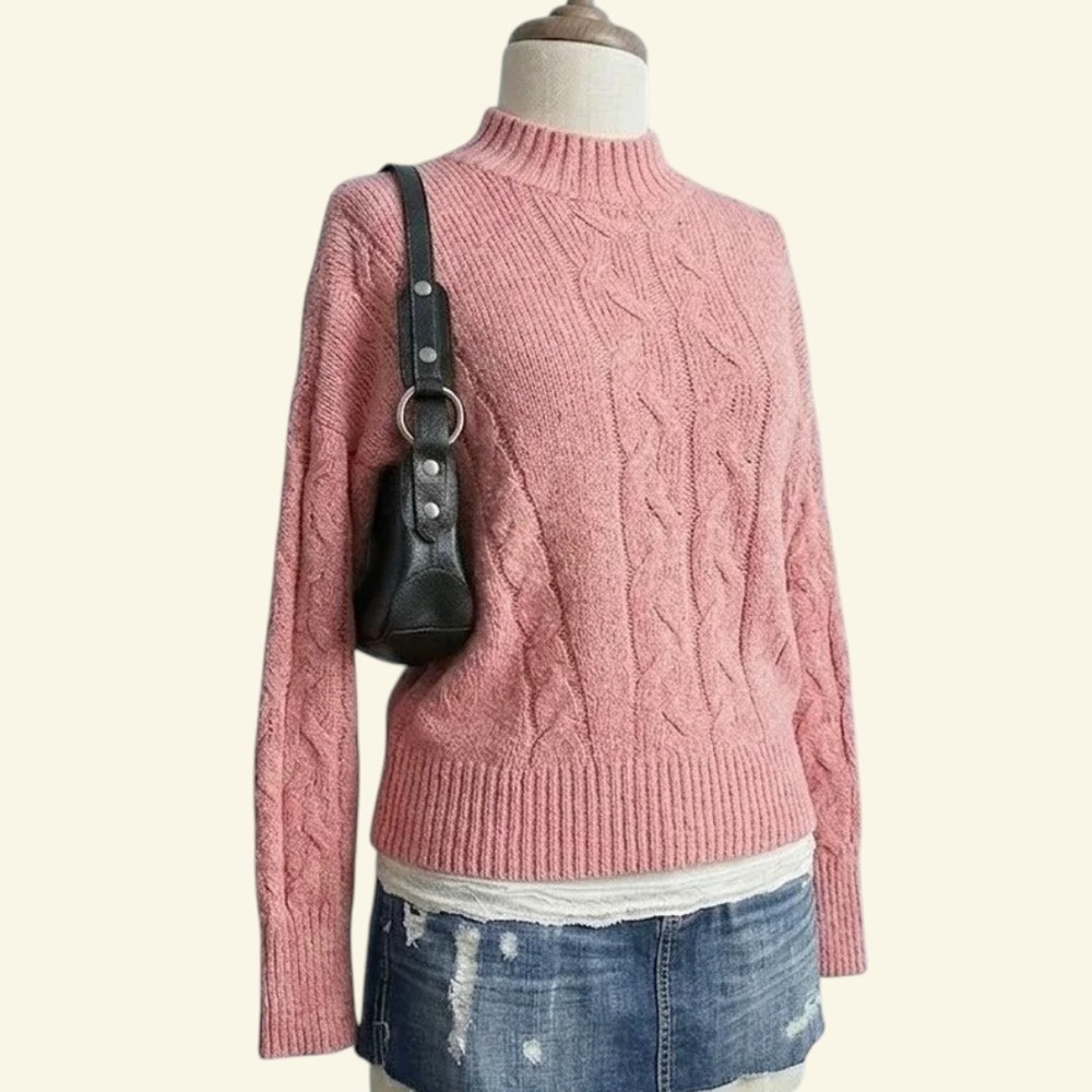Pink Cable Knit Mock Neck Pullover Sweater Medium Fall Winter Cozy